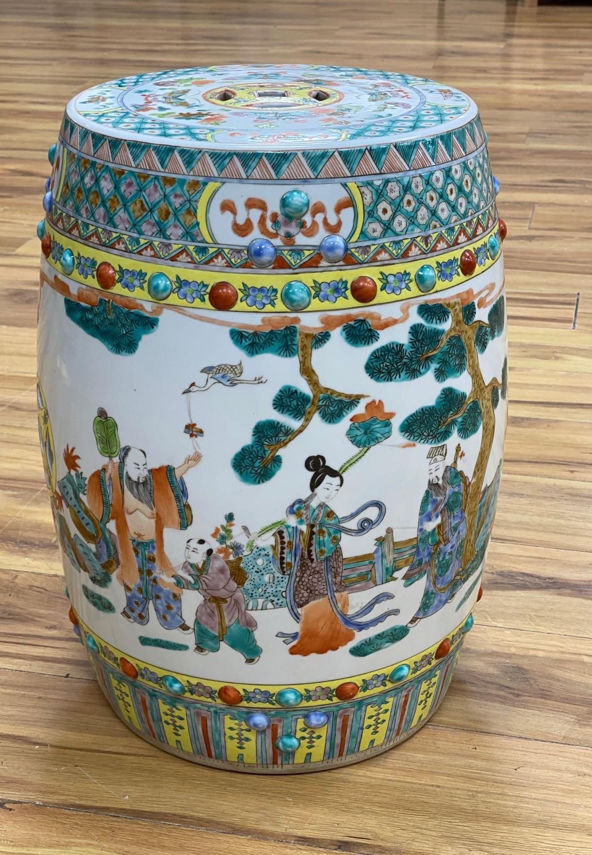 A Canton polychrome-decorated ceramic garden seat, 48cm high